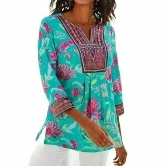 Soft Surroundings Tops - Soft Surrounding Beaded Maddalena Tunic Sz M Aqua Embroidery Top Blouse NWOT